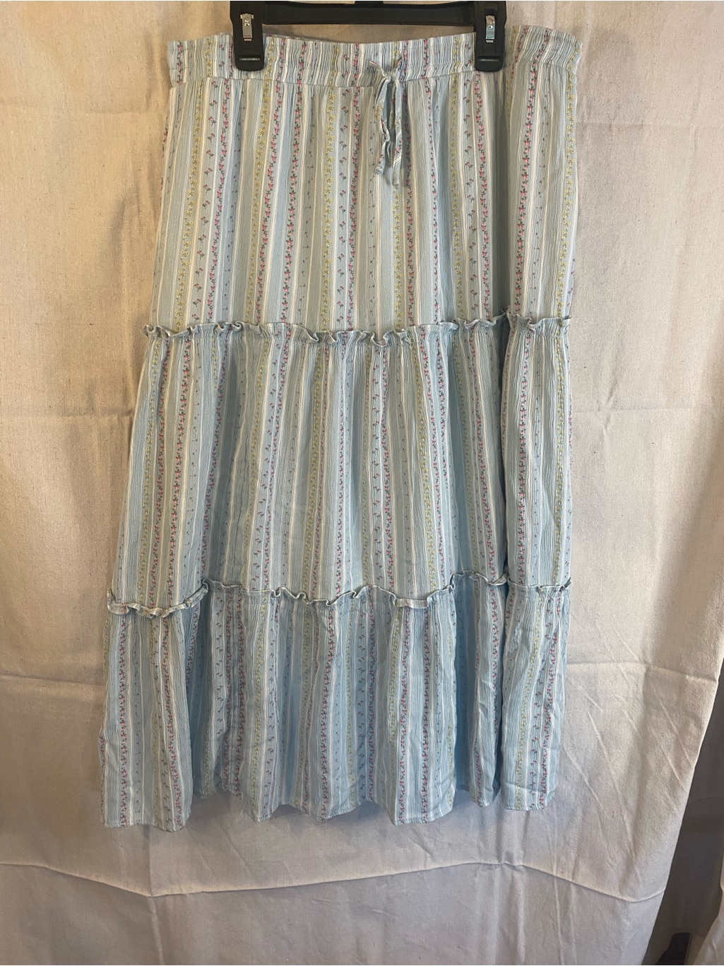 Women’s Light Blue Tiered Maxi Skirt With Subtle Stripe Print